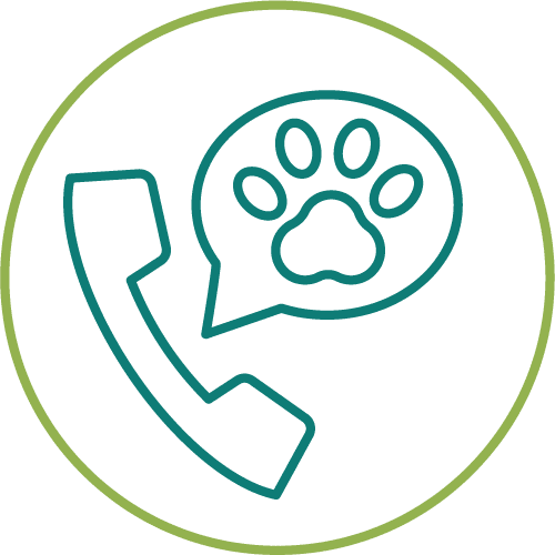 dark green drawing of a phone with a paw in a light green circle