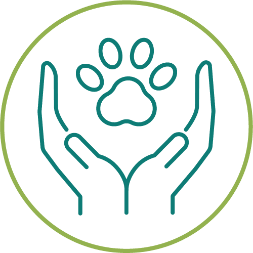dark green drawing of a two hands holding a paw in a light green circle